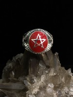 Pentagram Ring with Goat Horn Blood Red